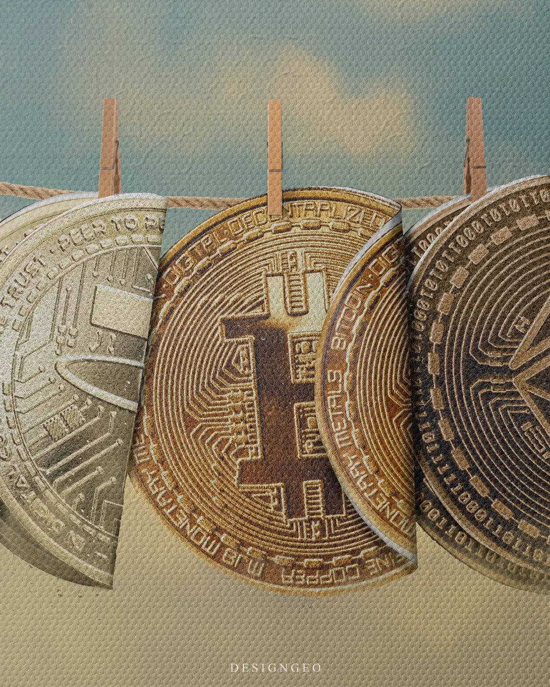 Surreal canvas illustration of digital currency coins designed as soft rugs hanging on a clothesline against a bright blue sky, symbolizing crypto liquidity and wealth