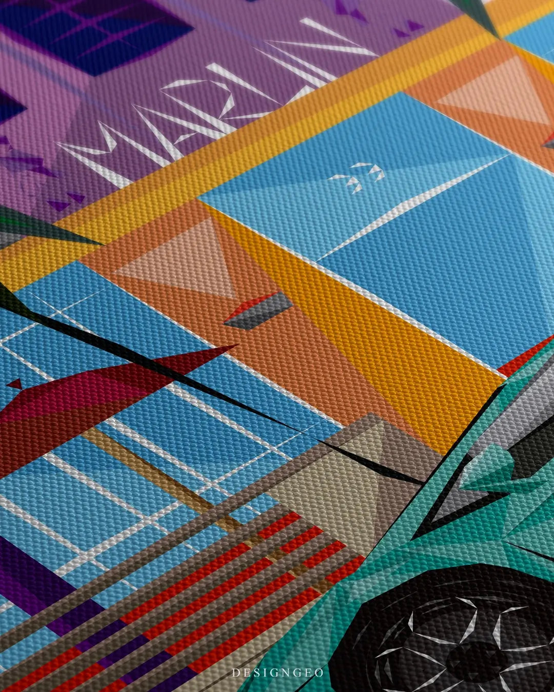 Close-up of South Beach canvas art showing colorful Art Deco hotel facades, pastel neon signs, and exotic sports cars with canvas print textures