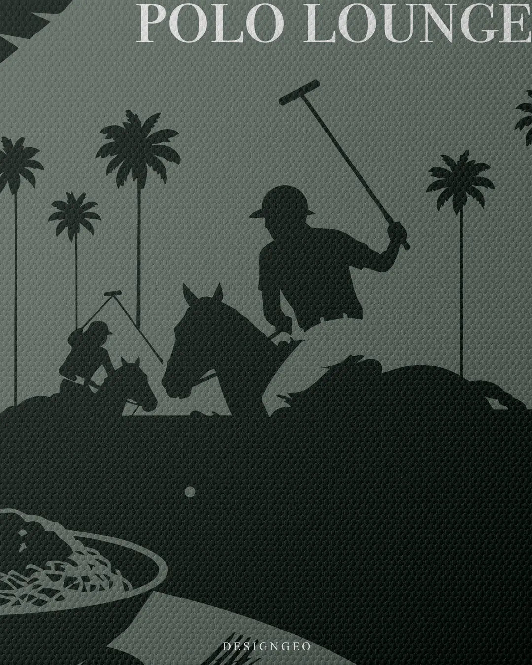 Close-up detail shot of the canvas print surface, highlighting the dark silhouette of a polo player on a horse swinging a mallet under palm trees and vintage Polo Lounge typography