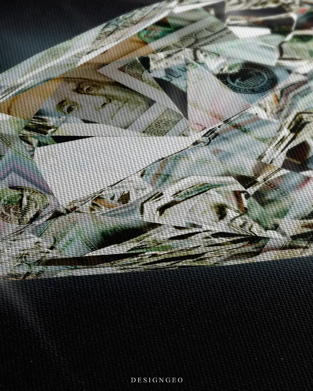 Close-up of a luxury diamond wall art featuring intricate US dollar bill textures within the facets of the gem on a solid black background