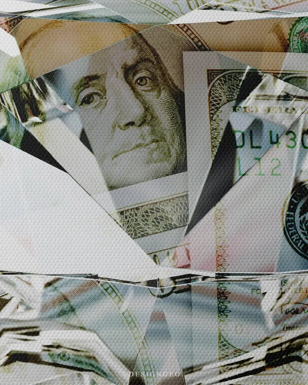 Artistic canvas illustration of a sparkling diamond made of money, symbolizing pressure, resilience, and financial success in a minimalist modern style