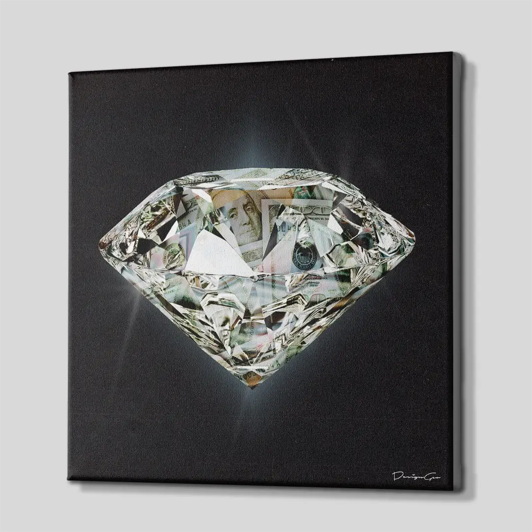 Side angle of the sparkling dollar diamond canvas print, highlighting the high-quality gallery wrap finish and professional 3D frame depth