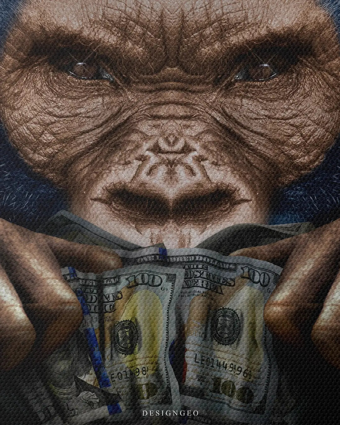 Artistic canvas illustration of a majestic gorilla with money over its mouth, symbolizing the discipline and focus required for financial success and professional growth