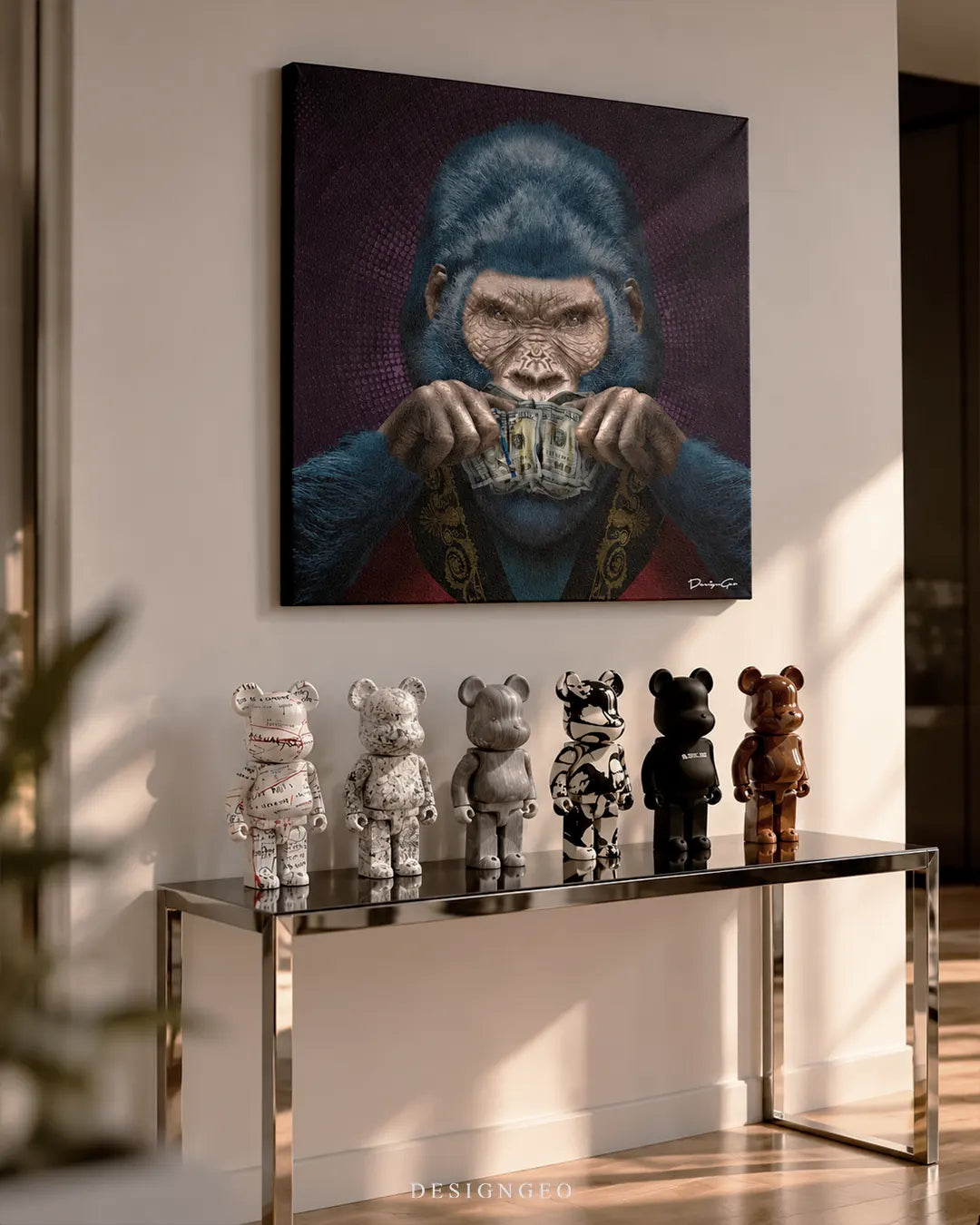 Speak No Evil gorilla covering mouth with US dollar bills pop art square canvas wall art mounted on wall in luxury living room above console table 0.75 inch thin wrap