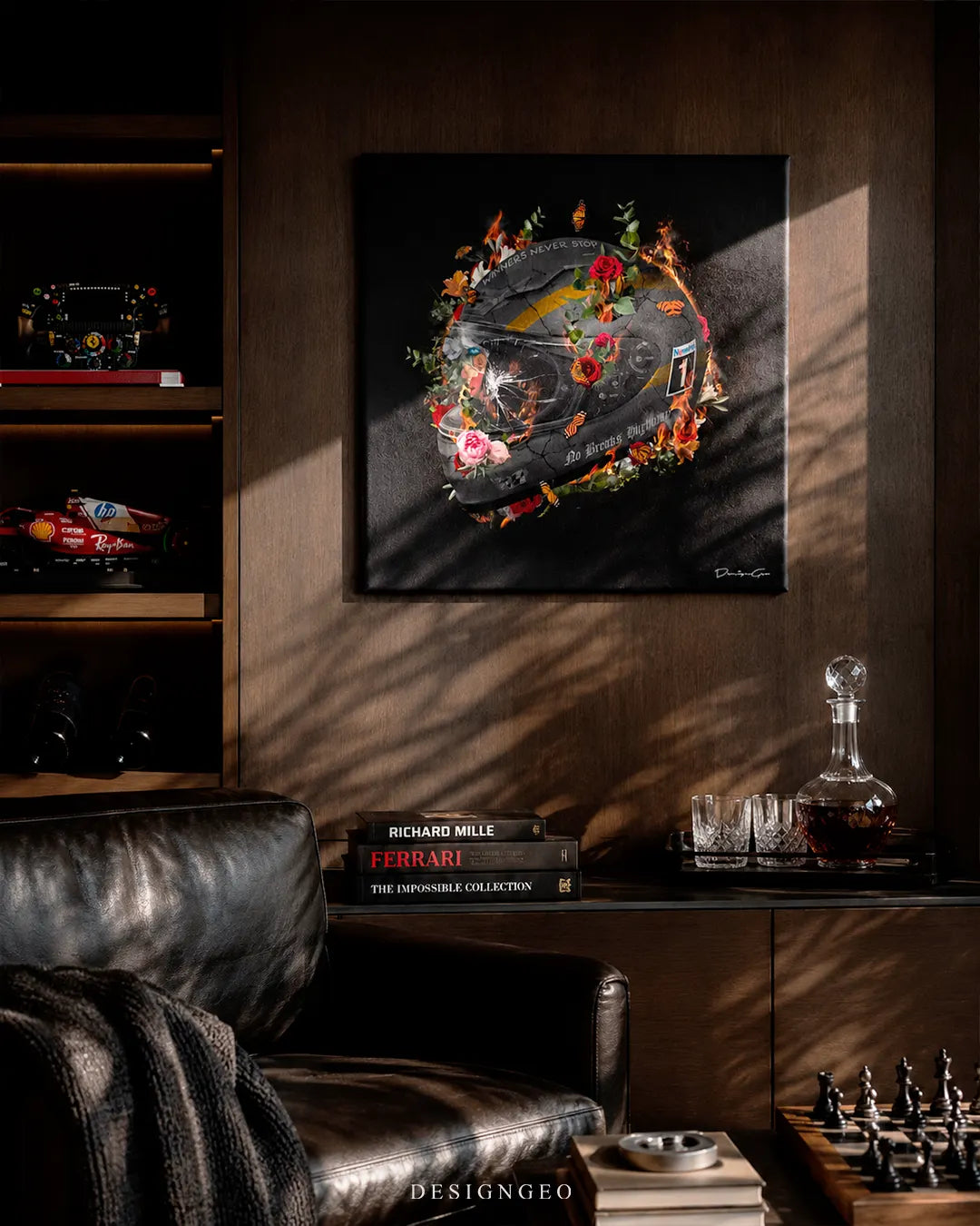 Square Speed Racer racing helmet canvas print mounted on a dark wood panel wall above a black leather armchair, whiskey decanter set, and wooden chessboard