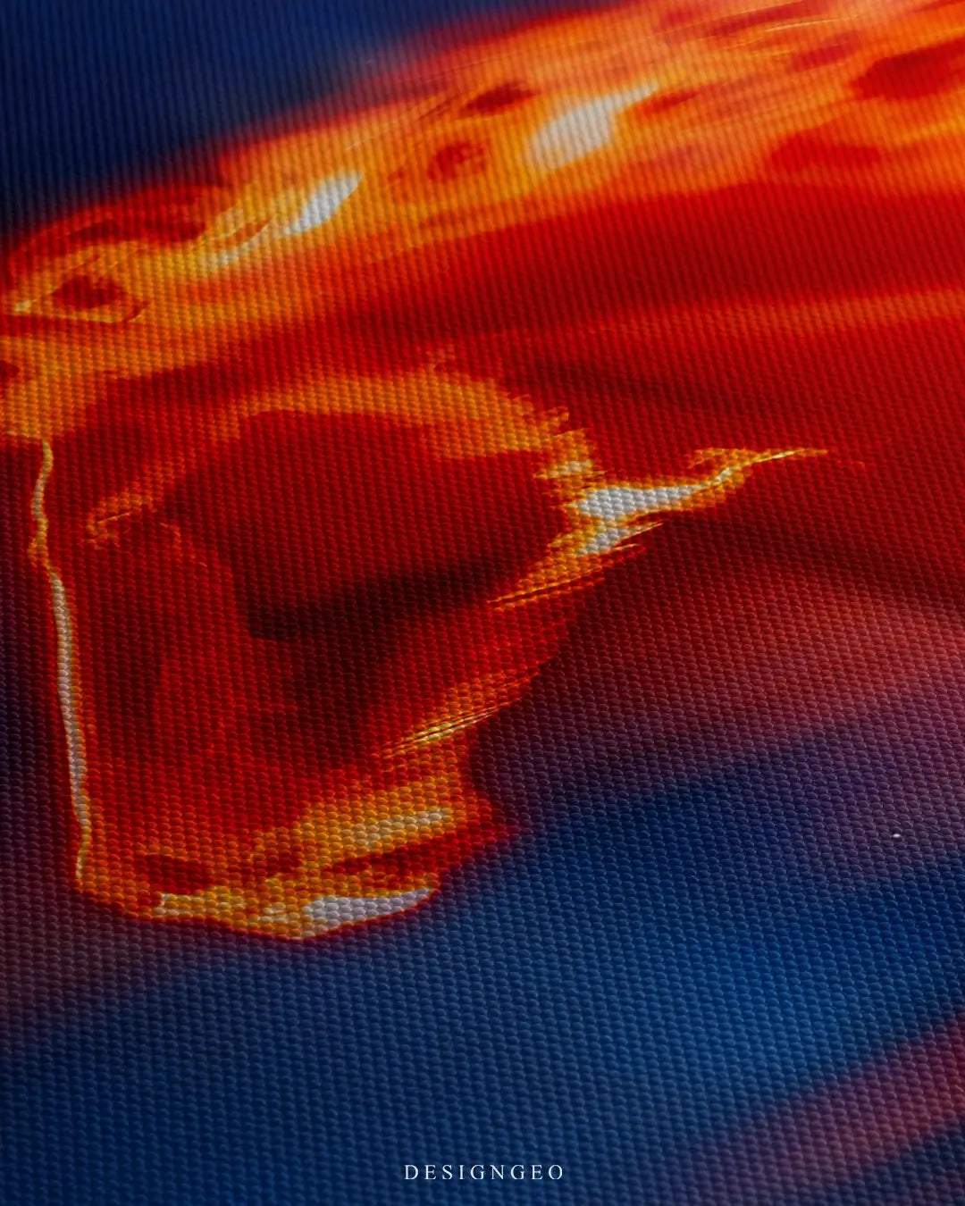 Close-up side view of a canvas wall art featuring a horse made of fire, showing the intense orange and red ink details on a textured fabric surface