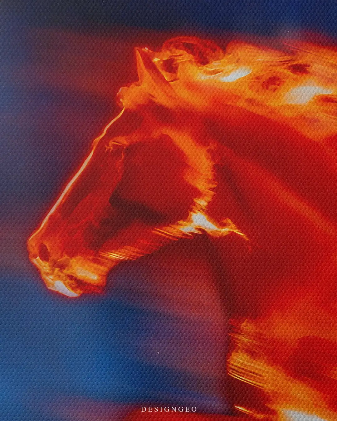Detailed frontal shot of a fiery horse head illustration with glowing red and orange flames against a deep blue background on professional canvas