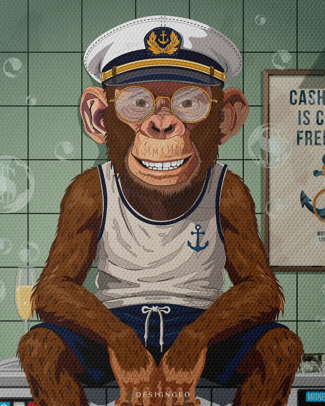 Detailed medium shot of the captain monkey canvas art, showing the smiling chimp with round glasses, a sea captain hat, and a "Cash Flow is Clean Freedom" poster on green tiled walls