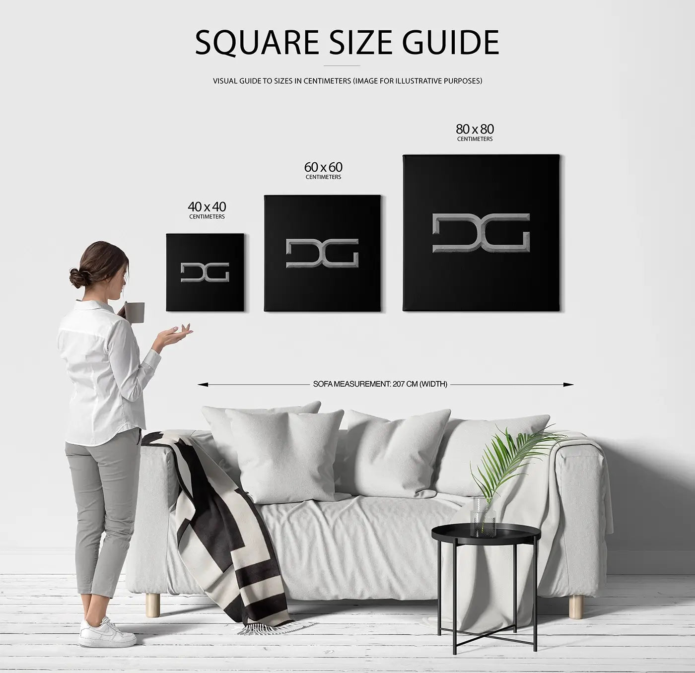 Square canvas wall art size guide 40x40 cm 60x60 cm 80x80 cm wall size comparison