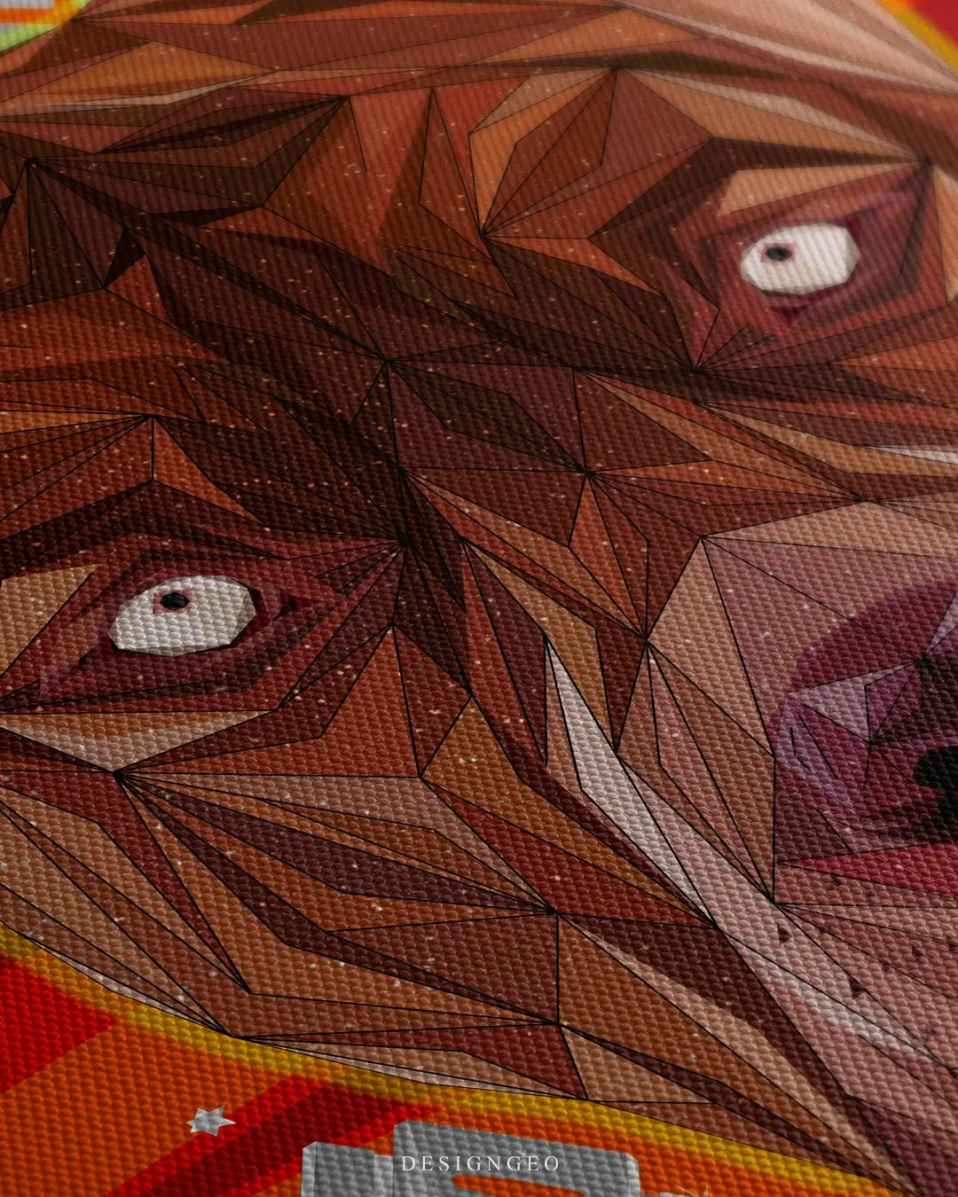 Close-up of gritty urban wall art featuring a street dog silhouette composed of razor blade shapes on a vibrant red and orange textured background