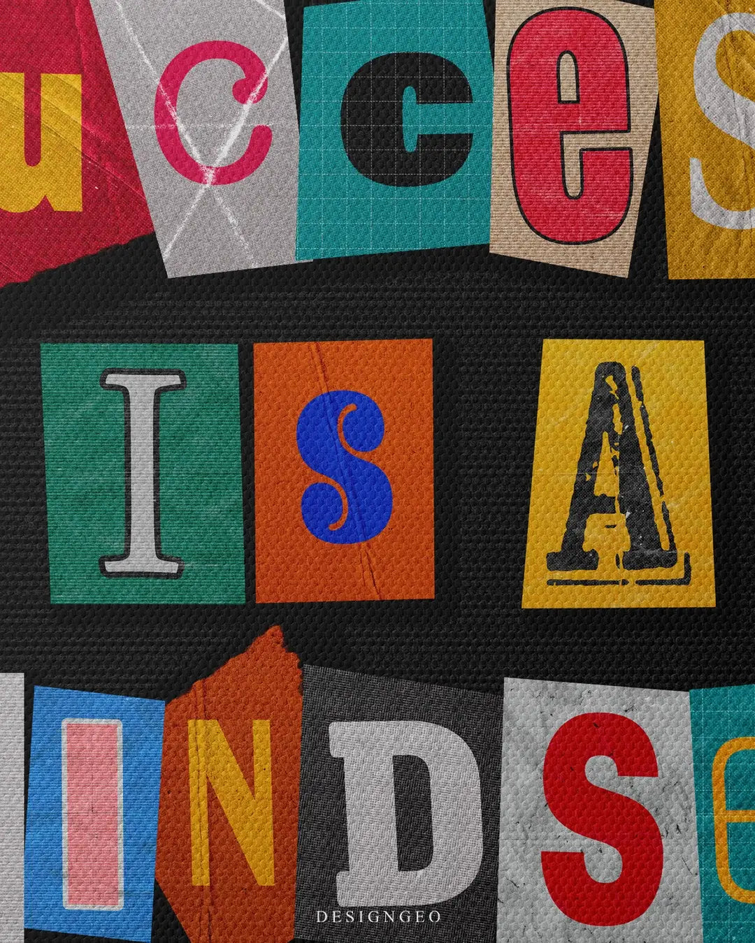 Inspirational typography illustration on canvas featuring the bold quote "Success is a mindset" in dynamic multi-color lettering against a solid black backdrop