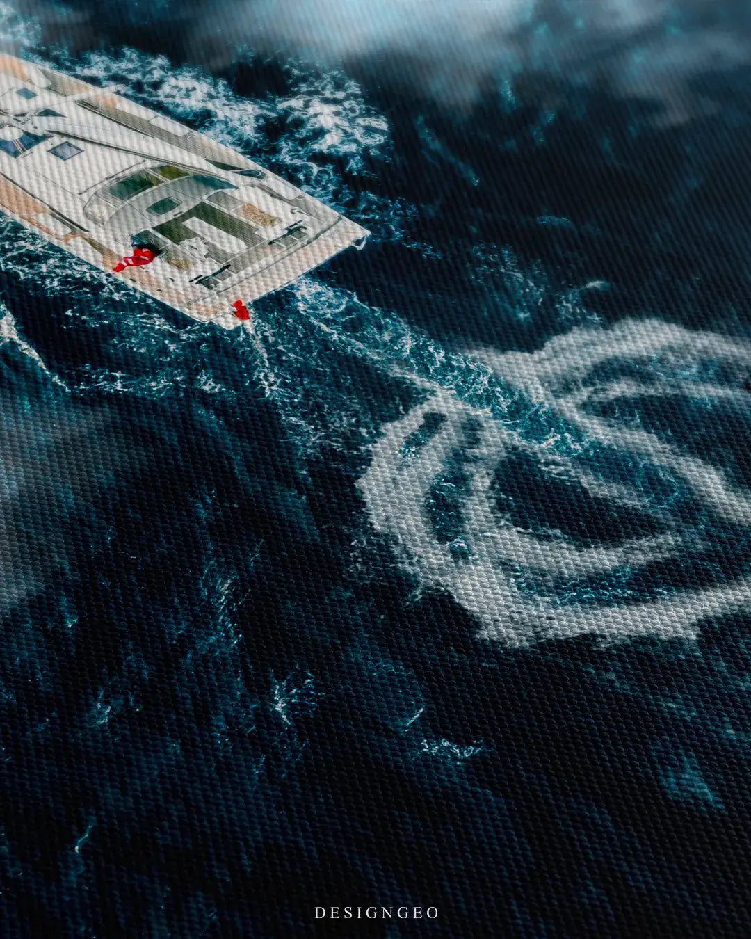 Close-up of motivational ocean wall art showing the realistic turquoise water texture and white foam from a speeding luxury boat