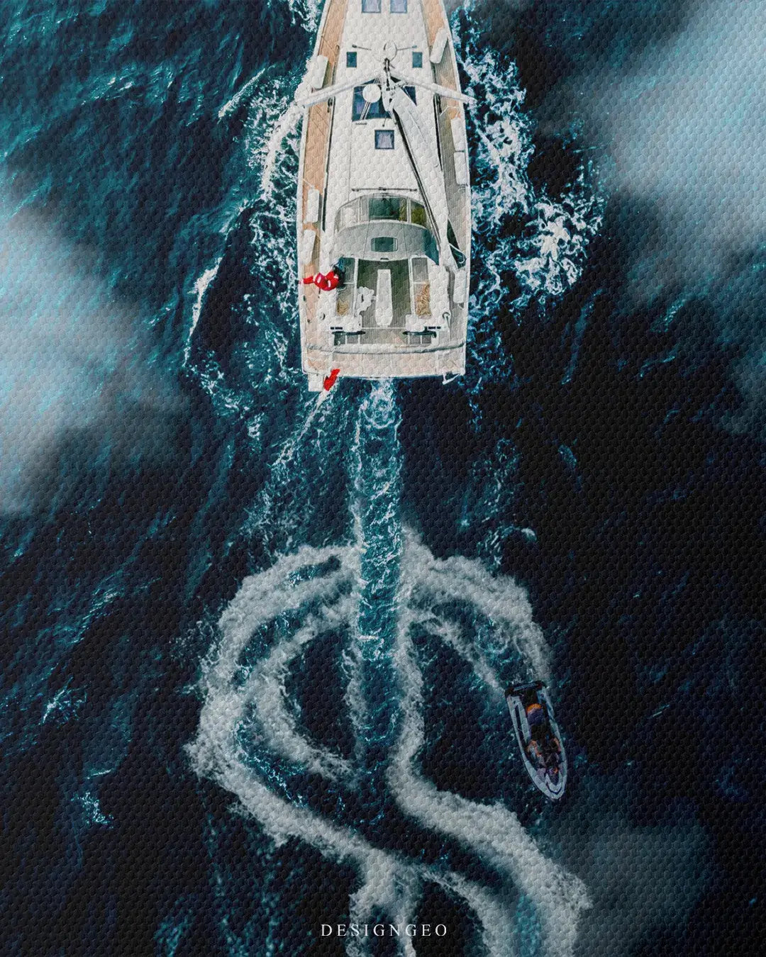 Aerial view illustration of two boats in the turquoise sea forming a dollar money symbol with their wakes, representing wealth and summer freedom
