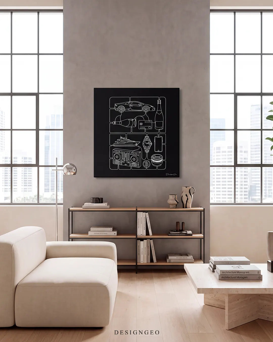 Minimalist square black and white luxury sprue kit canvas art mounted above a wooden console table in a modern bright living room with large windows