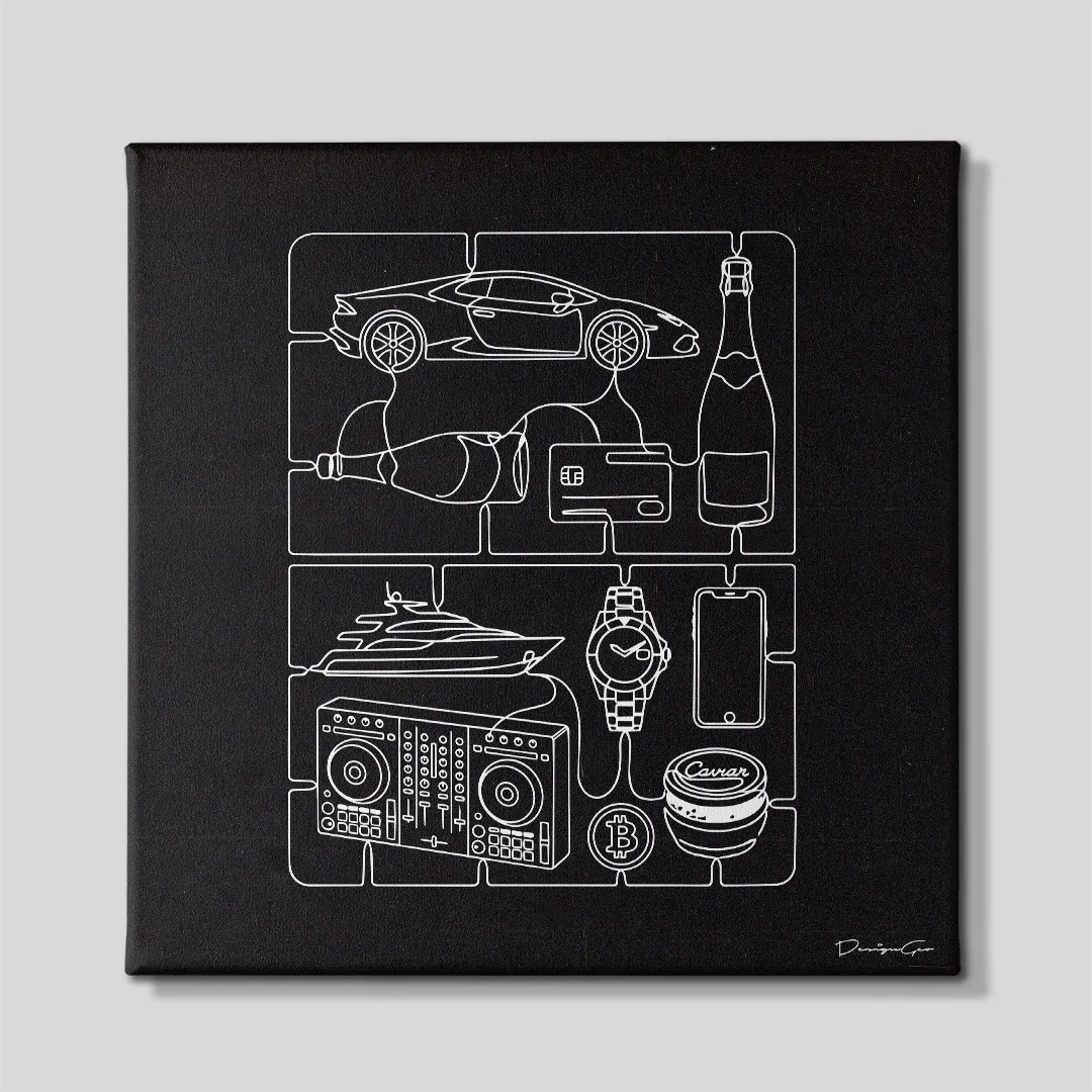 Front view of a square black canvas print featuring a white minimalist line art plastic sprue model kit with luxury lifestyle icons including a sports car, yacht, champagne, credit card, watch, and Bitcoin