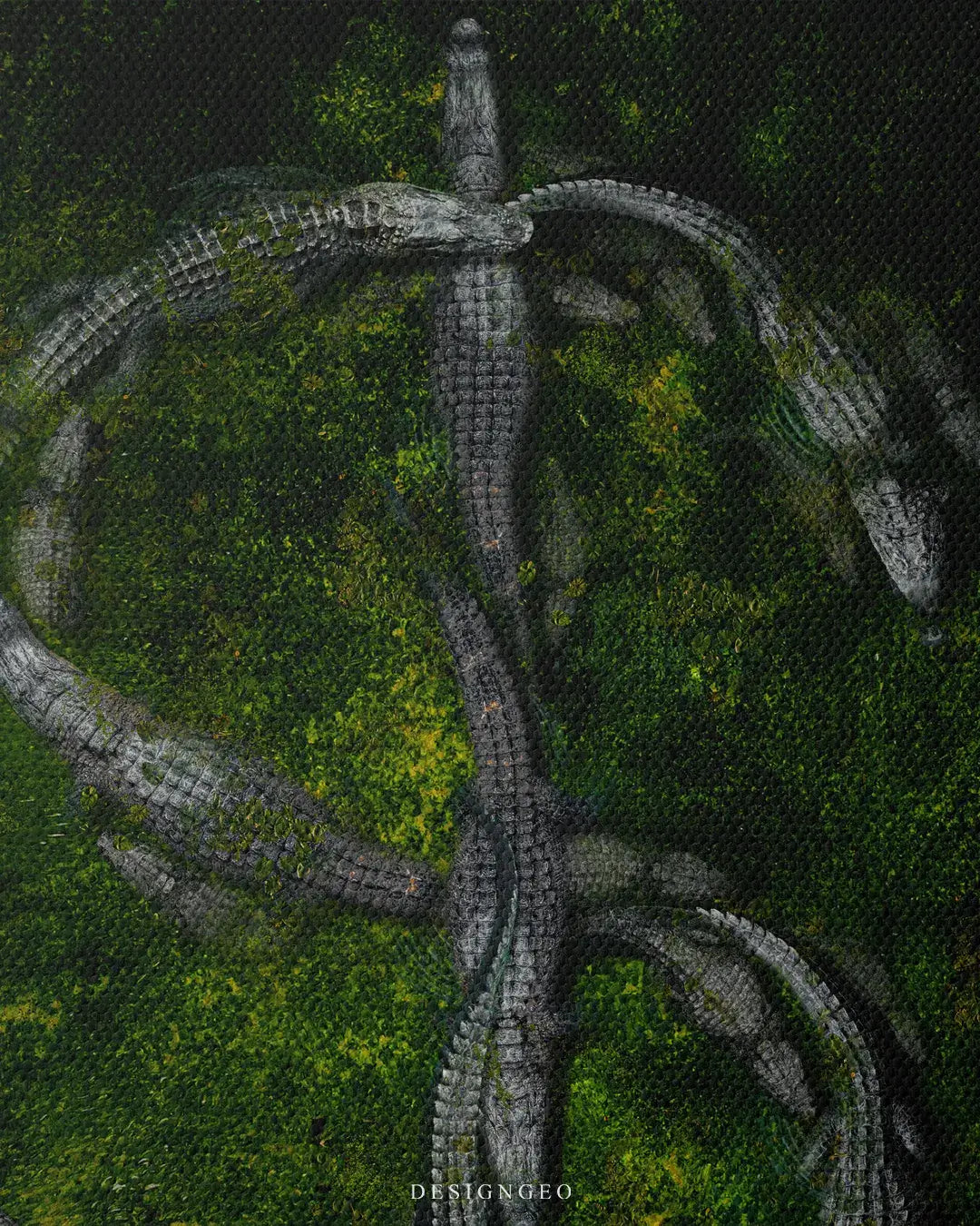 Aerial view illustration of crocodiles in a swamp forming a dollar money symbol, representing wealth and predator instinct