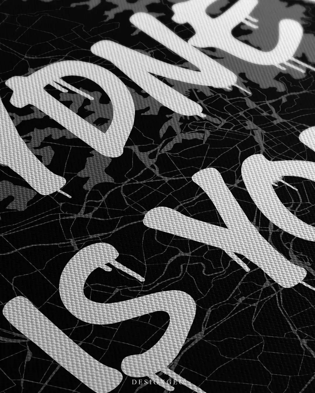 Detailed view of the "Sydney is Yours" canvas, showcasing the bold white spray-paint lettering layered cleanly over the intricate street layout and metropolitan lines