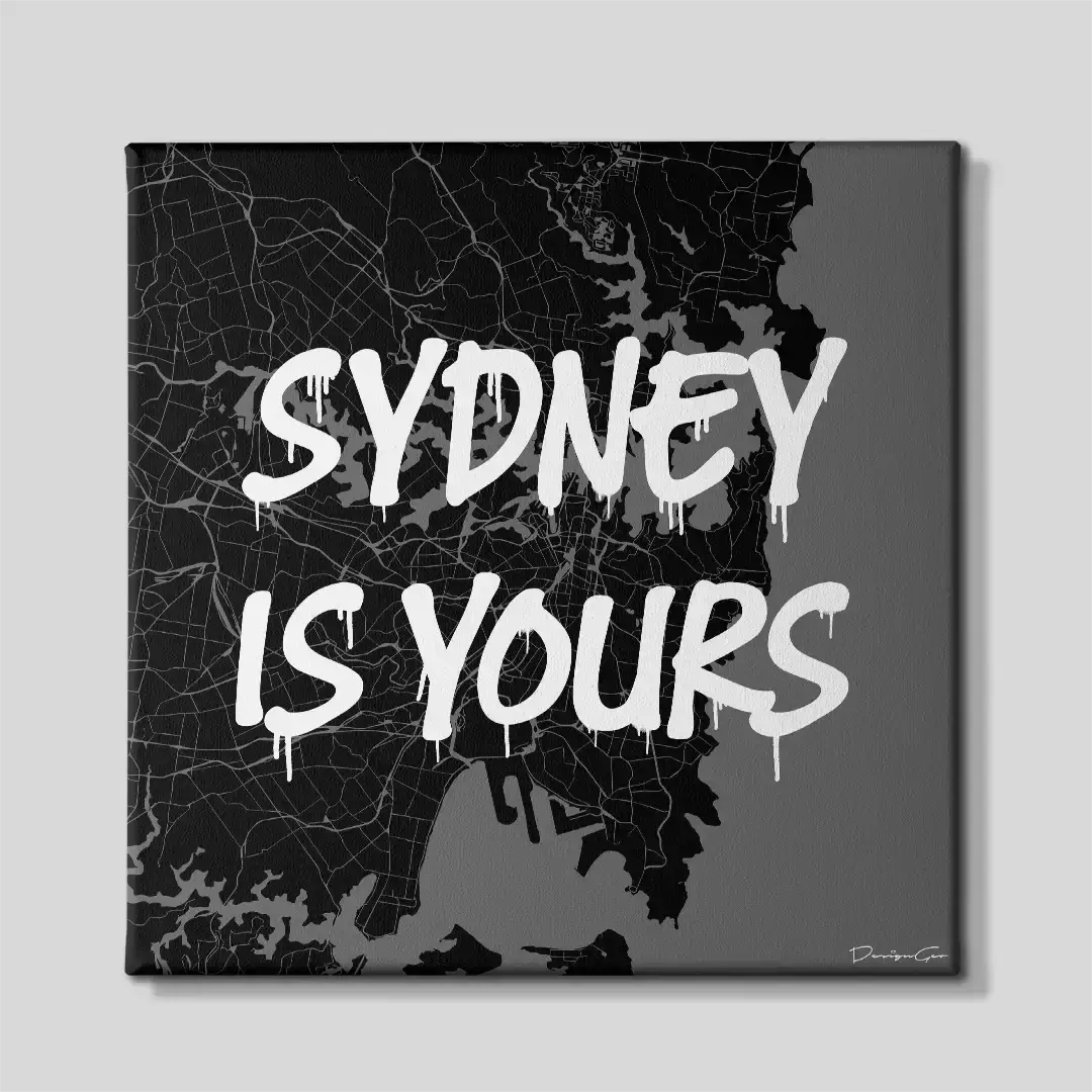 Frontal view of the Sydney is Yours square city map canvas print, a premium motivational wall art piece tailored for modern workspaces, trading rooms, and global travel enthusiasts