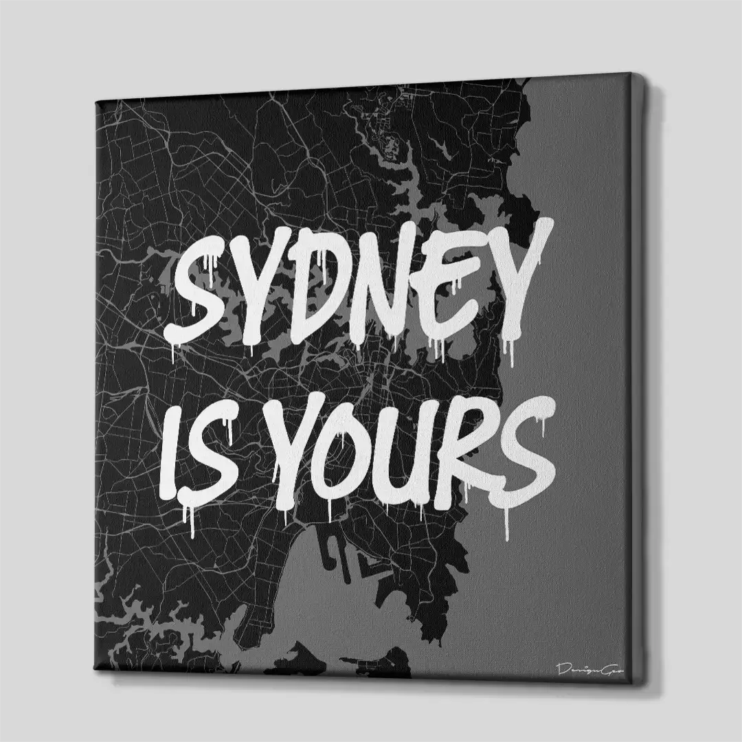 Side perspective of the Sydney urban map canvas print, highlighting the premium gallery wrap finish and the solid 3D frame depth perfect for professional luxury office walls