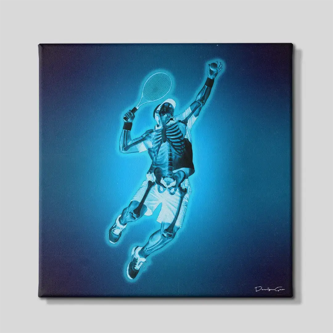 Front view of the tennis player serve X-ray anatomy square canvas wall art, a premium decorative piece for tennis clubs, physiotherapy clinics, or modern executive offices