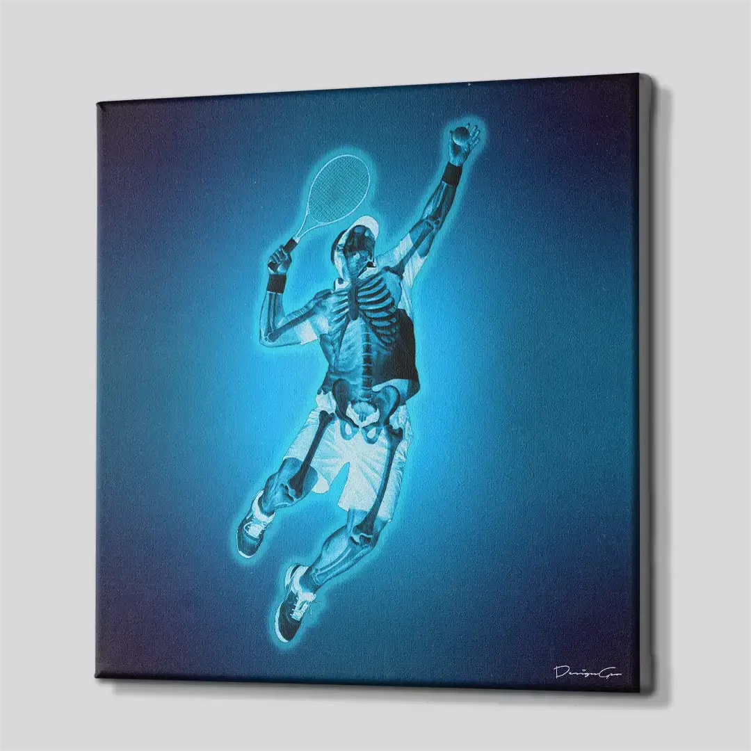Side angle of the anatomical tennis-themed motivation canvas print, highlighting the high-quality gallery wrap finish and the professional 3D frame depth