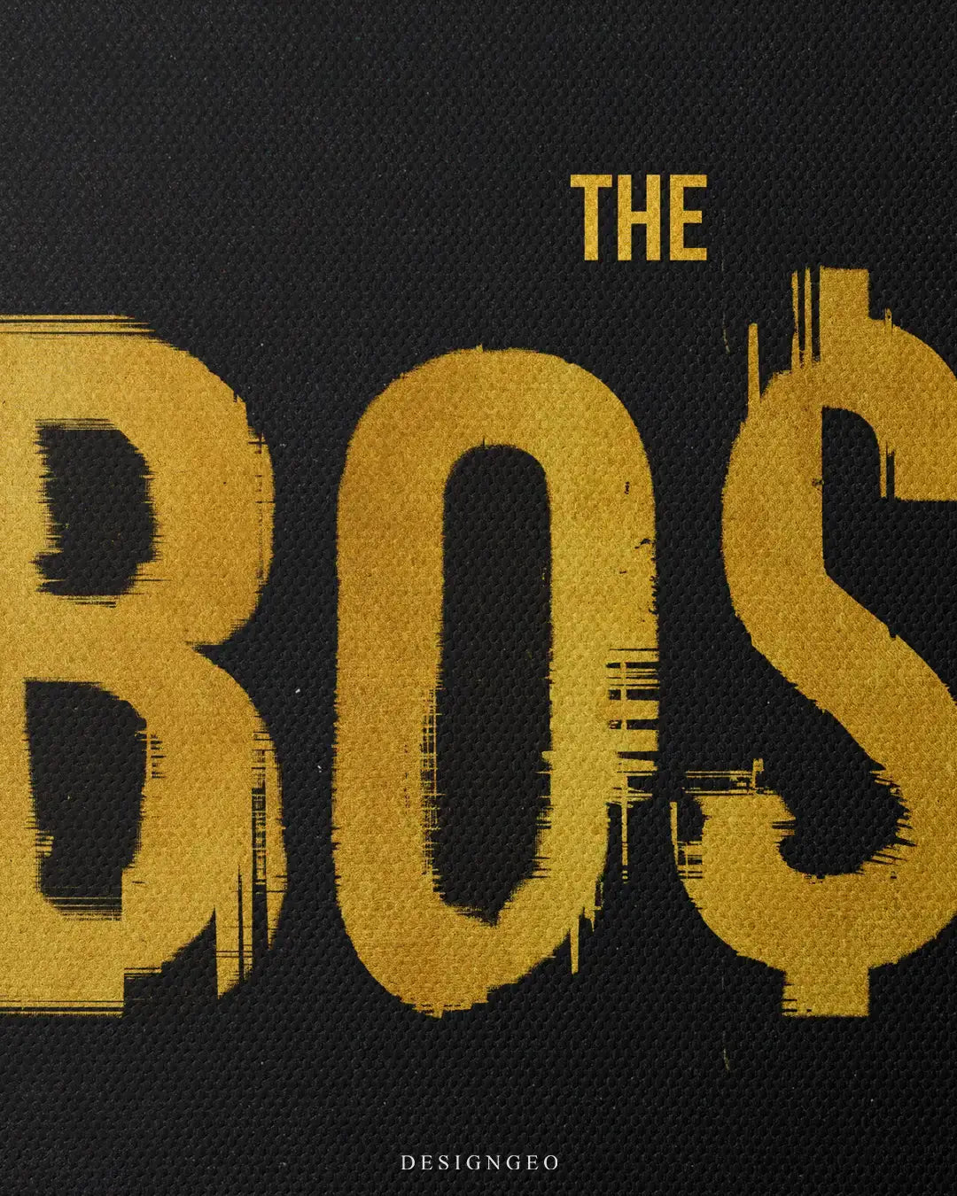 Detailed view of "The Boss" canvas art, showcasing the vibrant golden foil reflection and crisp geometric design elements on a dark premium texture