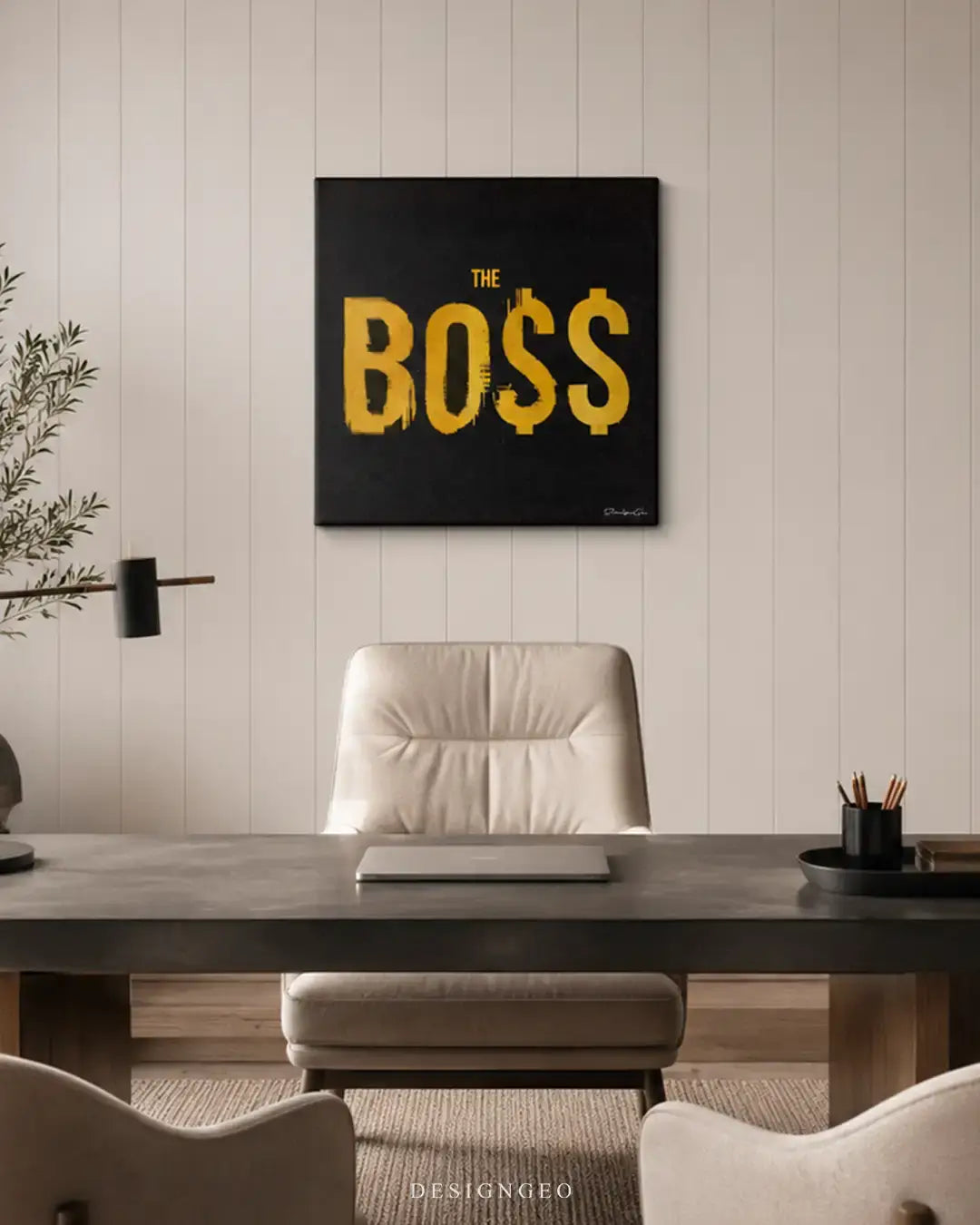 Sophisticated office interior displaying "The Boss" gold and black square canvas art above an executive desk, ideal for leadership-focused workspace decor