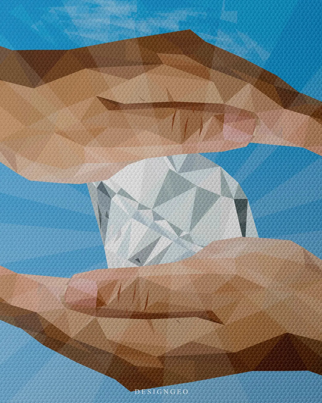 Close-up macro detail shot showing fine canvas texture, intricate grey and white low-poly diamond facets, and geometric skin tones