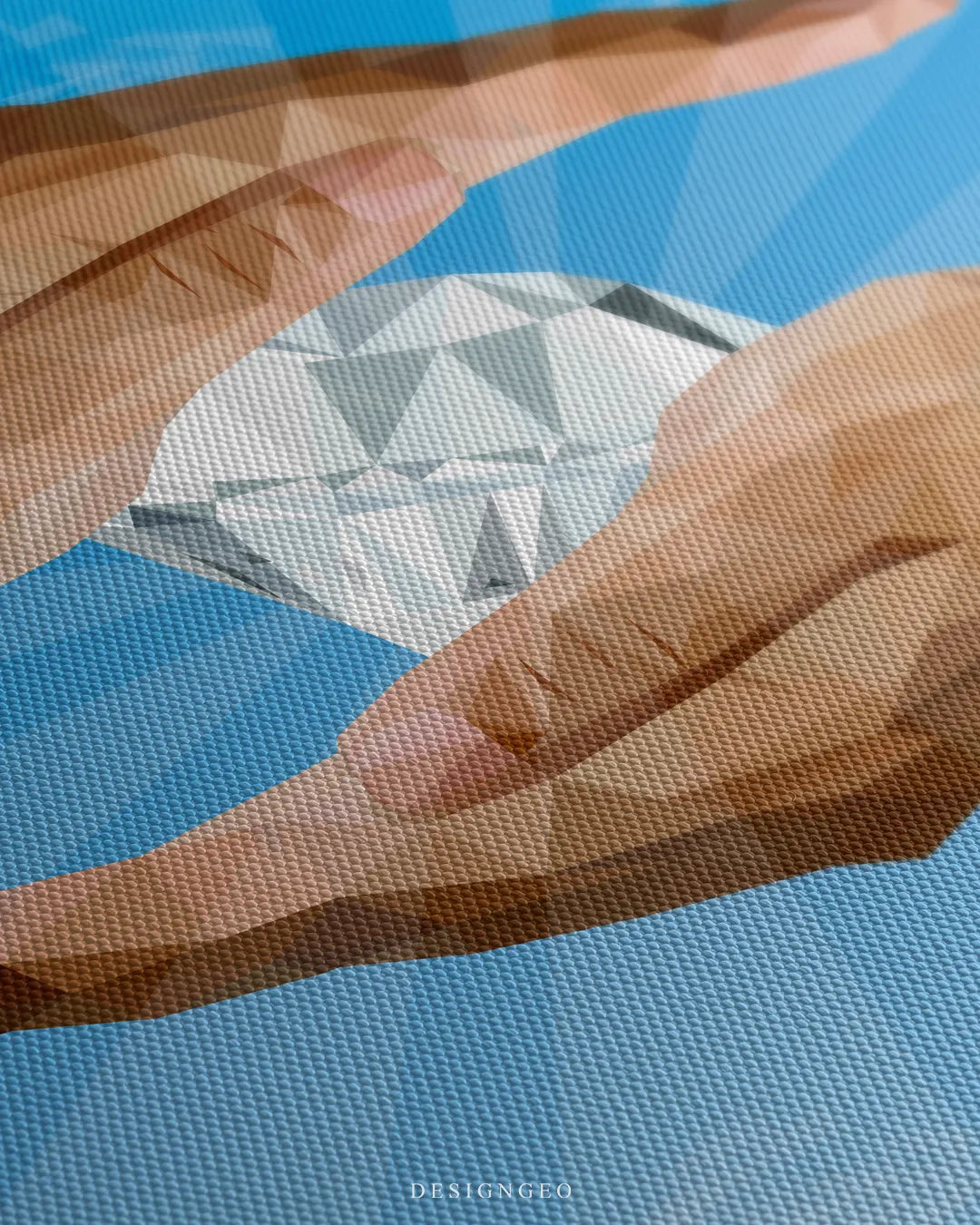 Angled extreme macro view highlighting the woven canvas surface texture, polygon geometric hand structure, and blue ray background