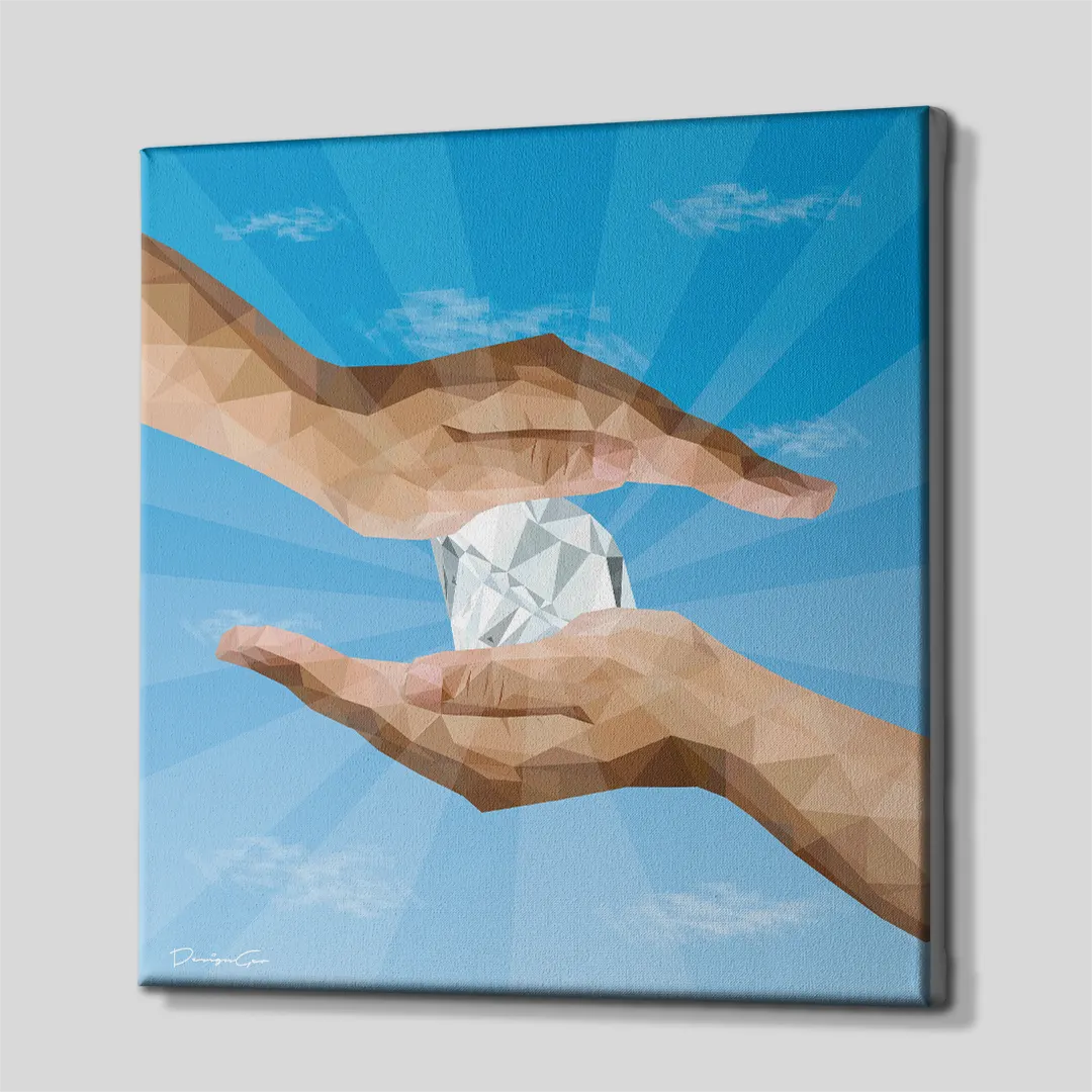 Three-quarter side angle of The Diamantaire canvas print showing gallery-wrapped sky blue edges mounted on a wooden frame