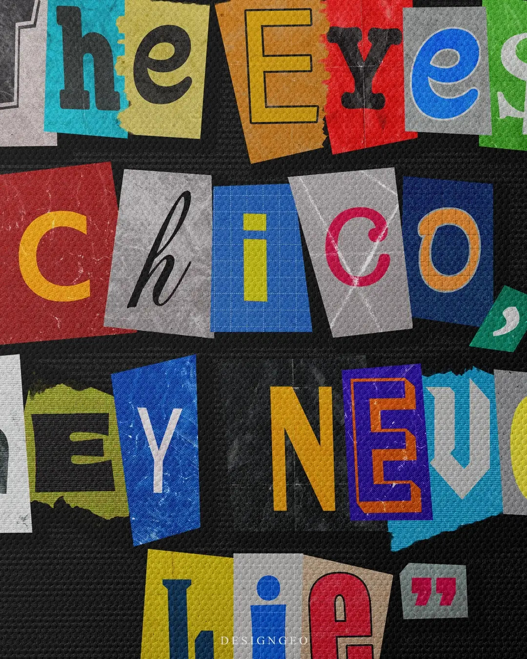 Detailed frontal shot of a minimalist canvas print featuring the iconic phrase THE EYES CHICO in bold colorful serif typography on professional canvas