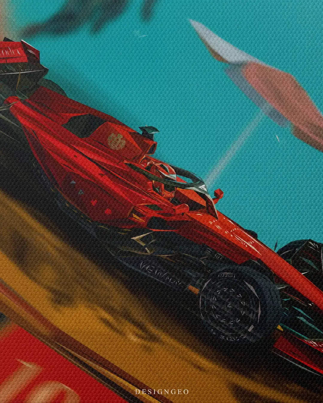 Close-up texture view of the premium canvas art featuring a red low-poly racing car speeding past a Monaco casino roulette wheel, highlighting the high-quality woven fabric profile