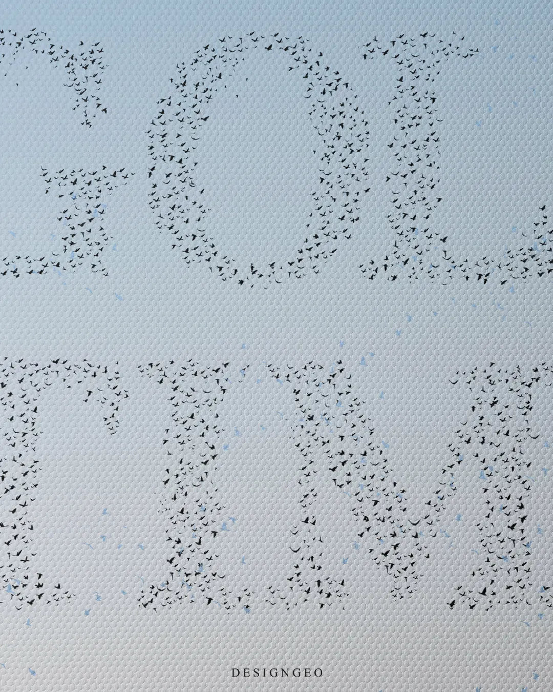 Extreme close-up view of the canvas art, showcasing tiny black bird silhouettes forming the letters of "GOLF TIME" on a woven canvas texture