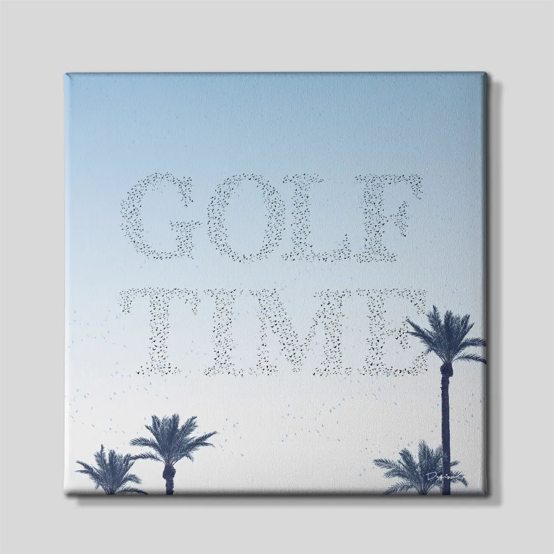 Front view of the square canvas art featuring the phrase "GOLF TIME" formed by small bird silhouettes in the sky above palm trees on a light blue gradient background