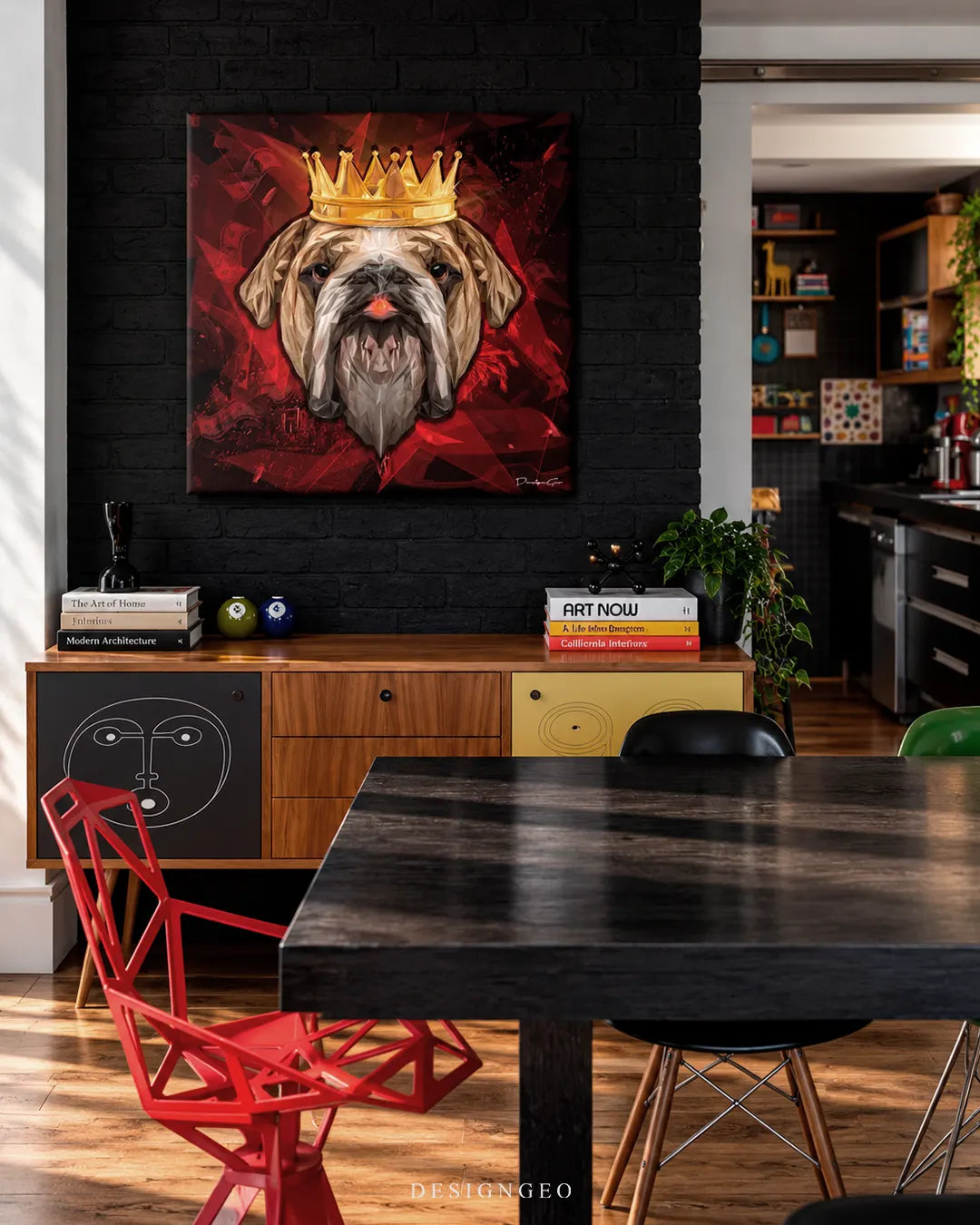 Geometric English bulldog wearing a gold crown square canvas wall art displayed on a black exposed brick wall in a modern dining room above a mid-century wooden sideboard 0.75 inch thin wrap