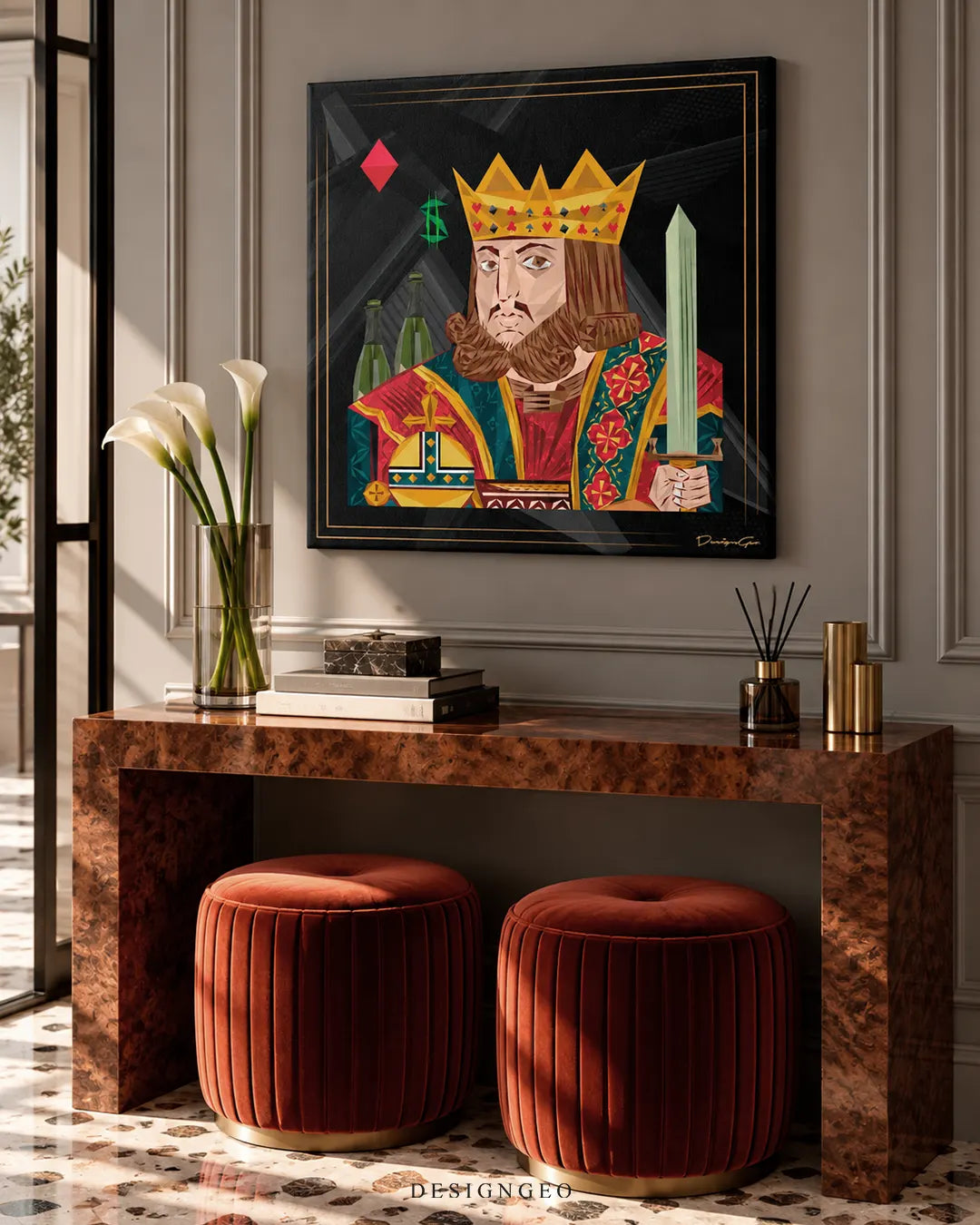 Geometric playing card king holding sword square canvas wall art displayed on a gray paneled wall in a luxury entryway above a burl wood console table 0.75 inch thin wrap