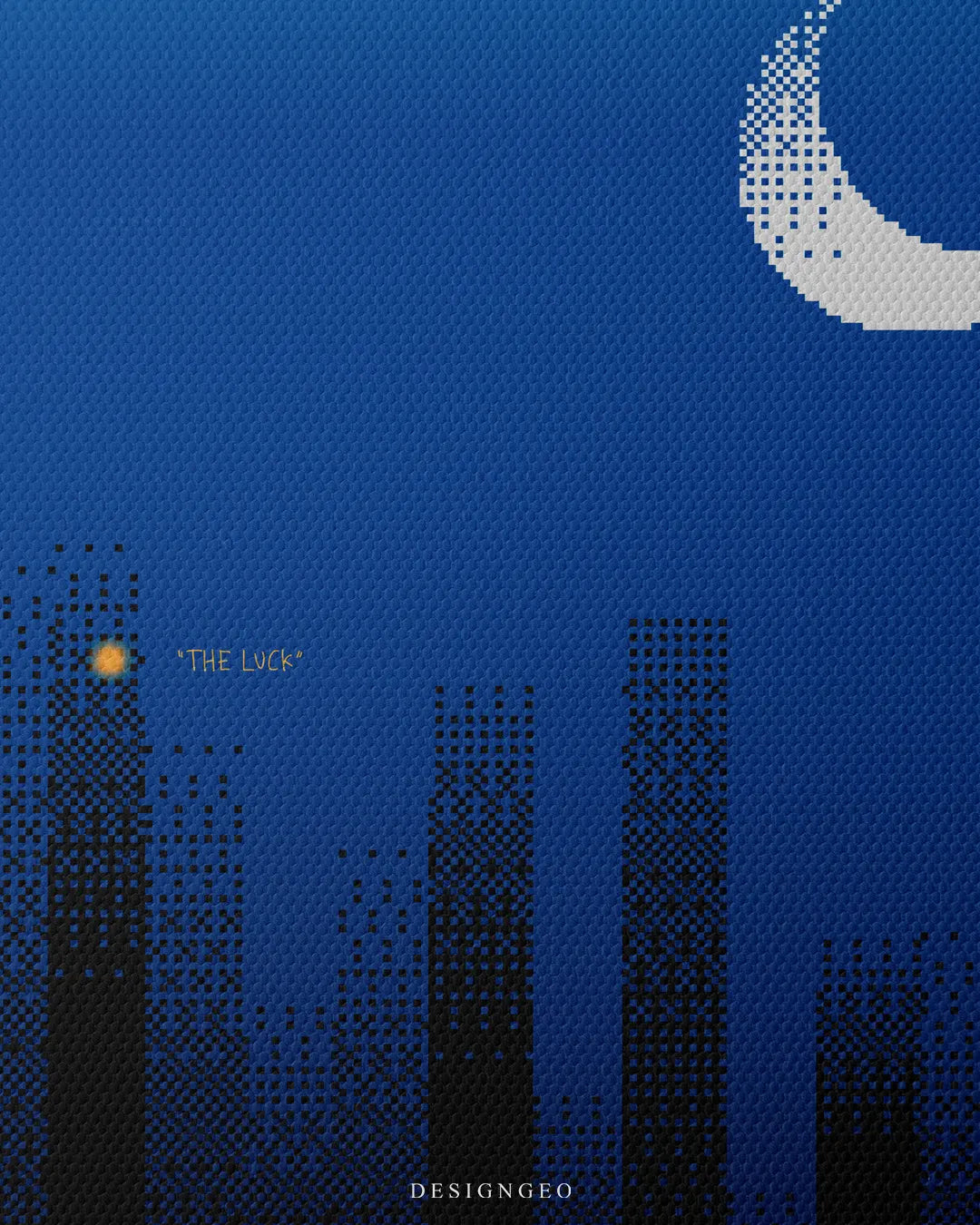 Medium shot close-up of pixel art skyscraper skyline showing a white pixelated crescent moon and a single illuminated window labeled THE LUCK