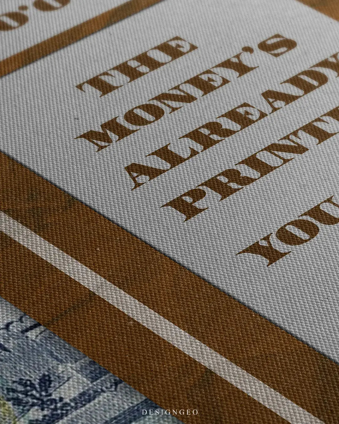 Close-up of motivational canvas art showing detailed stacks of AED banknotes with realistic textures and vibrant blue colors