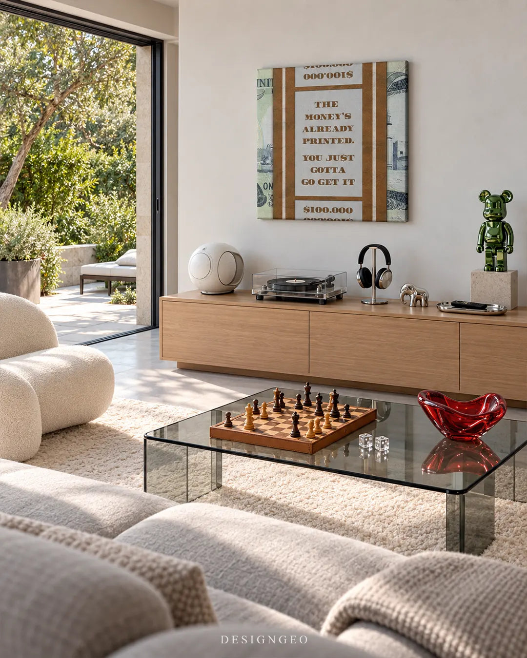 Square canvas print featuring a brown UAE dirham money band with quote THE MONEY'S ALREADY PRINTED mounted on a beige wall in a luxury living room above a wooden TV console