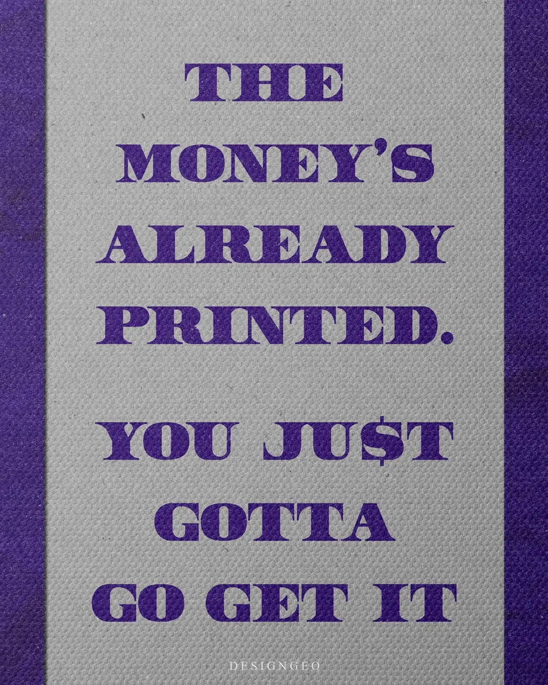 Artistic canvas illustration of Euro currency bundles and an inspirational quote about financial success, designed with a high-contrast white background and vibrant violet accents