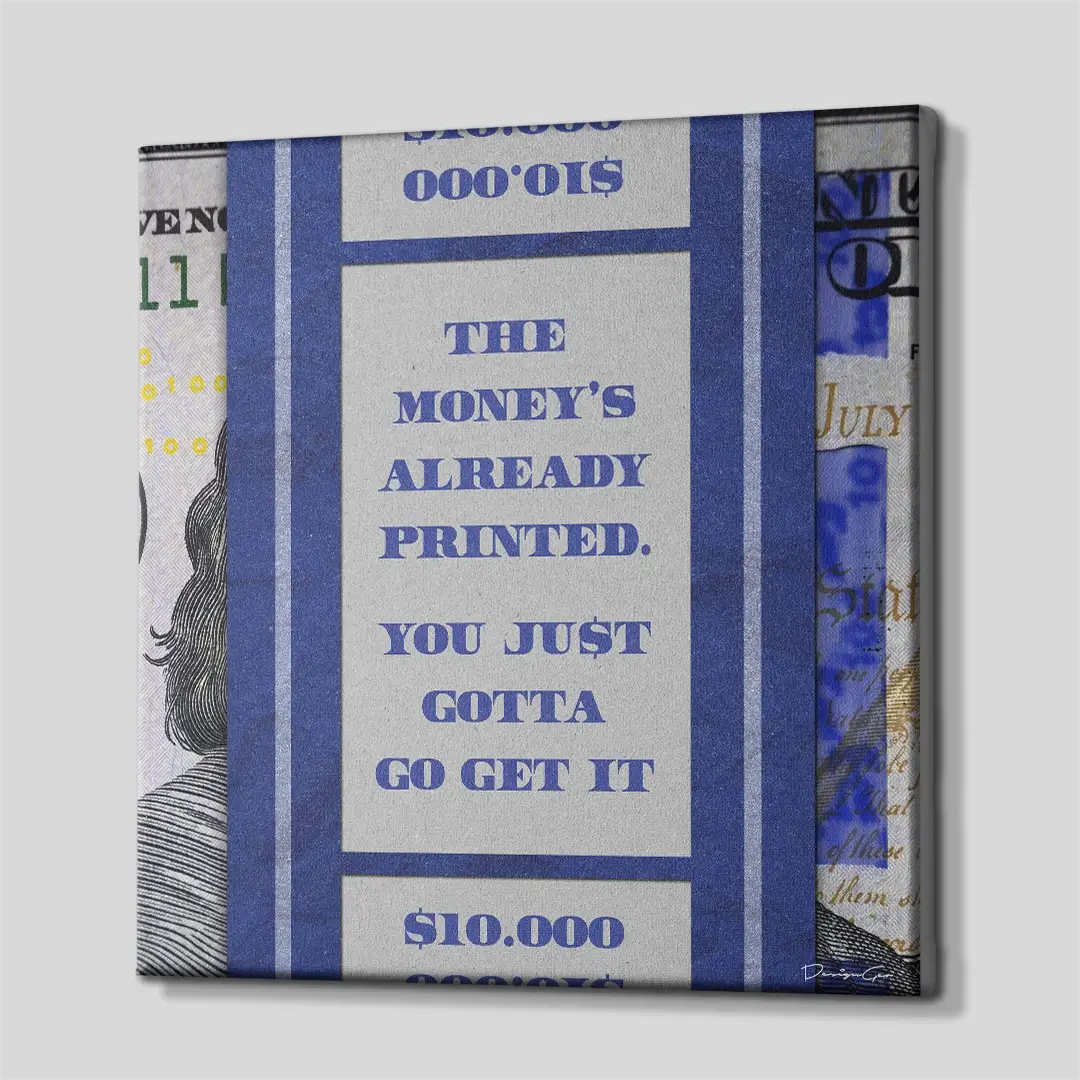 Side angle of the US Dollar money motivational canvas print, highlighting the high-quality gallery wrap finish and the professional 3D depth of the wooden frame