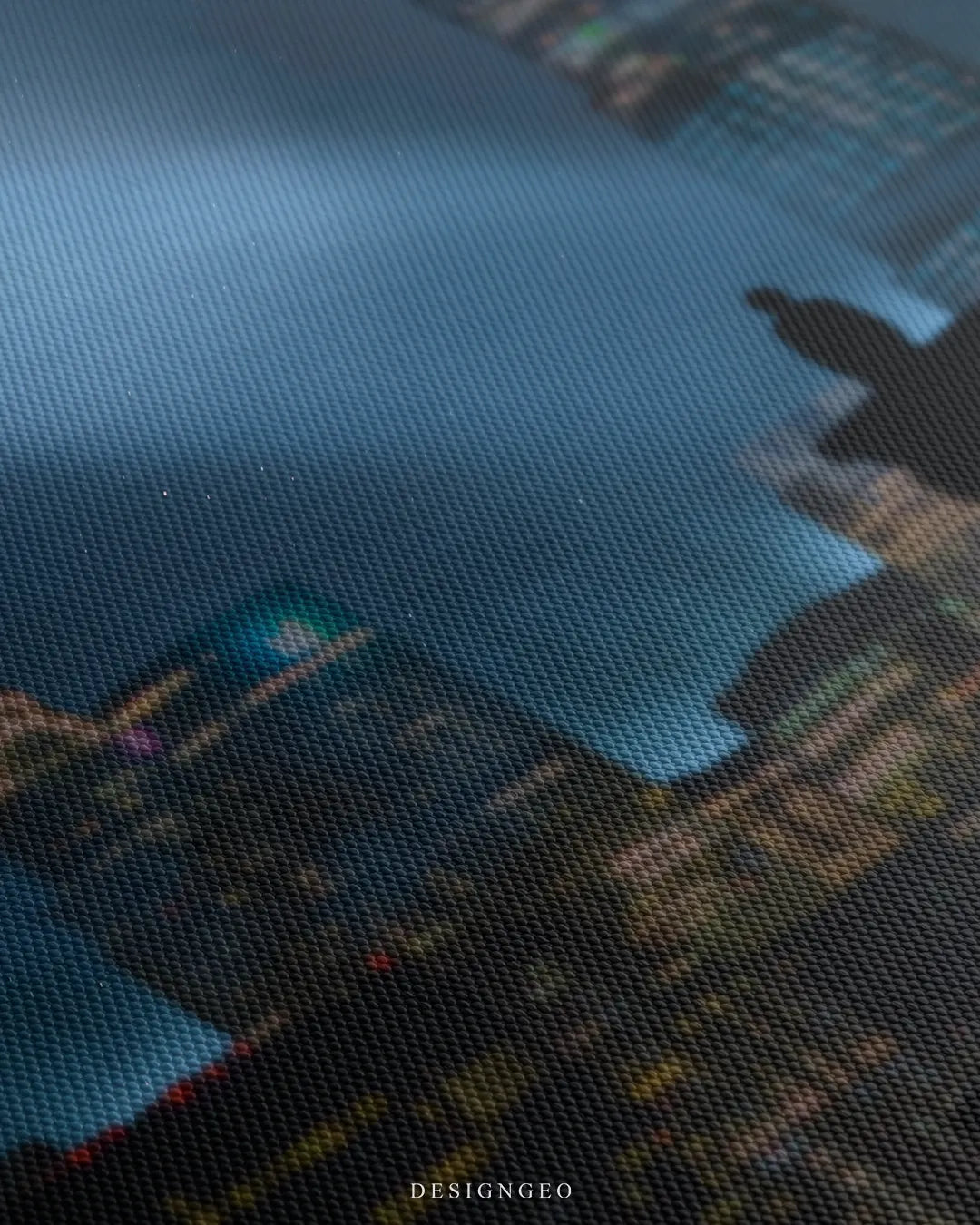 Angled extreme macro view highlighting the woven canvas surface texture, the Chrysler building spire, silhouette of a watcher on a ledge, and a glowing Bitcoin signal moon
