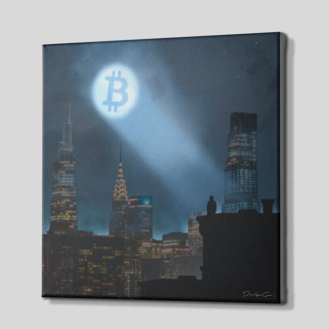 Three-quarter side angle of The Moon Signal Bitcoin canvas print showing gallery-wrapped dark edges mounted on a wooden frame