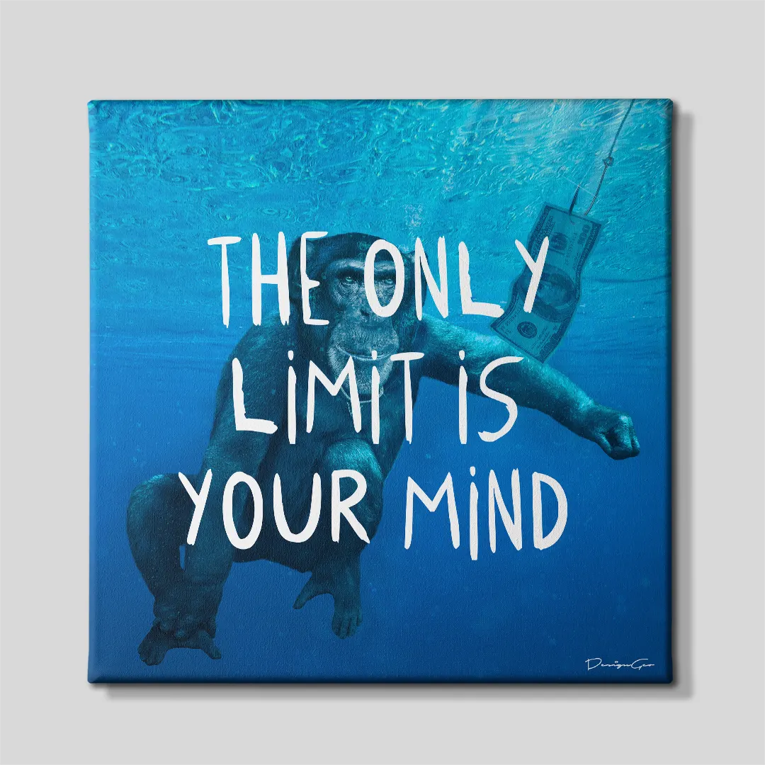 Motivational square canvas wall art featuring a chimpanzee swimming underwater towards a dollar bill on a fish hook under handwritten quote The Only Limit Is Your Mind 0.75 inch thin wrap