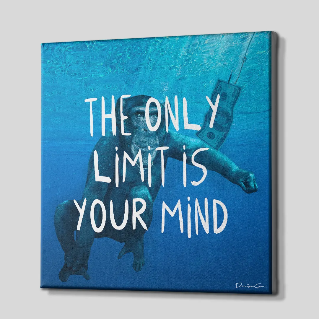 Side perspective view of blue underwater chimpanzee square canvas art showing ocean design wrapped around gallery edges 0.75 inch thin wrap