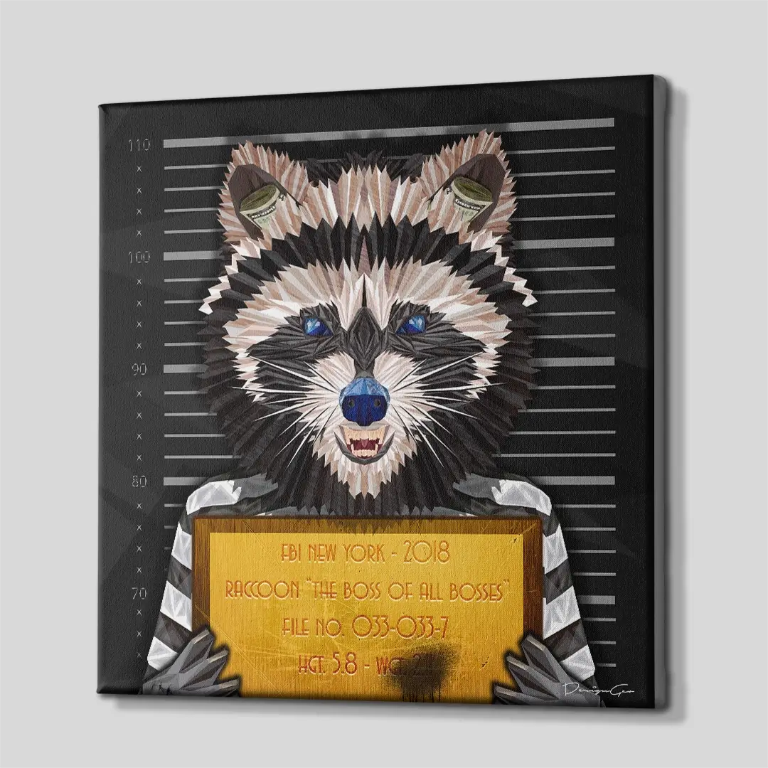 Side angle of the raccoon bandit pop art canvas print, highlighting the high-quality gallery wrap finish and the professional 3D frame depth