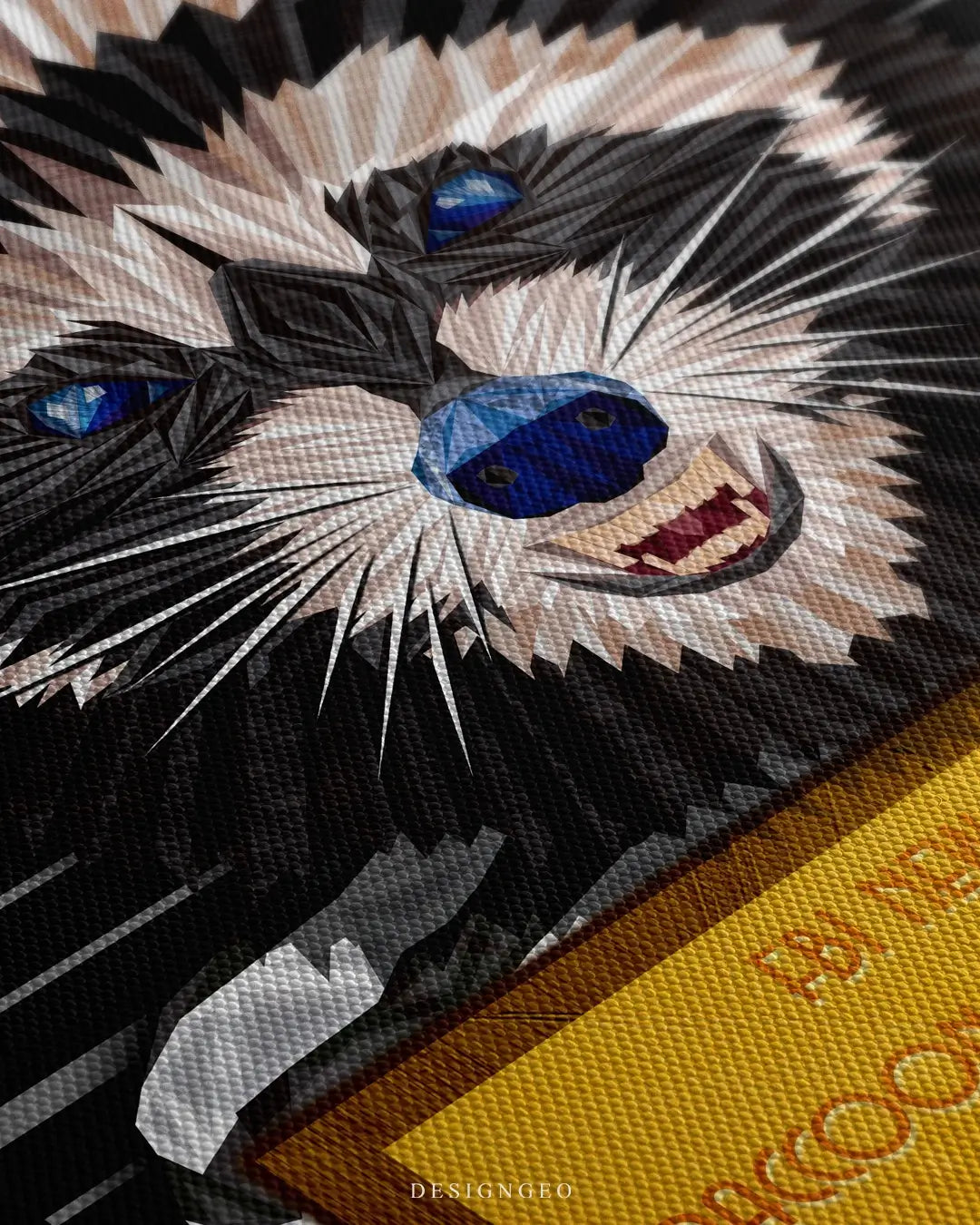 Close-up of a pop art animal portrait featuring a raccoon in a prisoner outfit with vibrant color splashes and a bold urban aesthetic