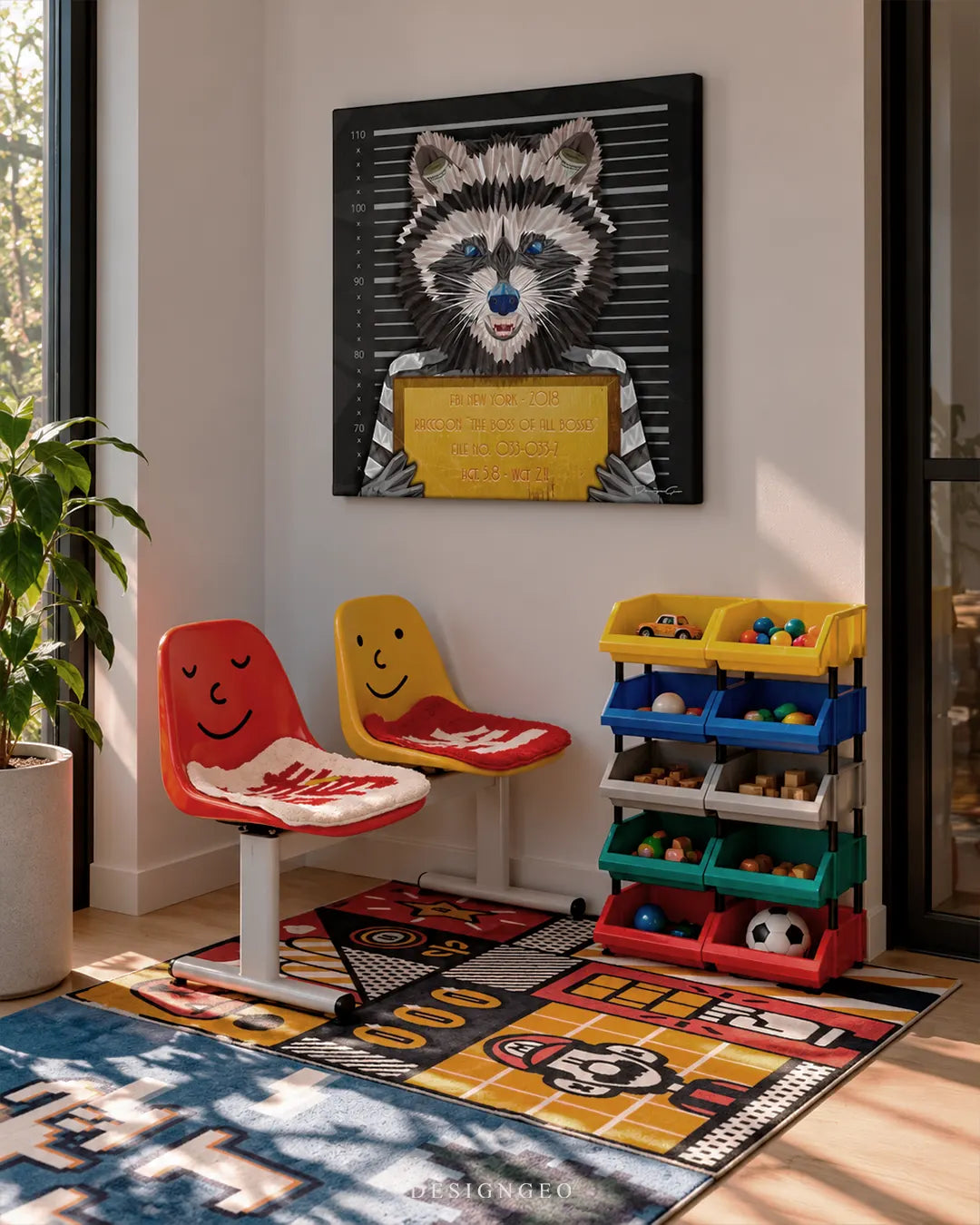 Raccoon mugshot police lineup pop art square canvas wall art mounted on wall in modern kids room above chairs 0.75 inch thin wrap