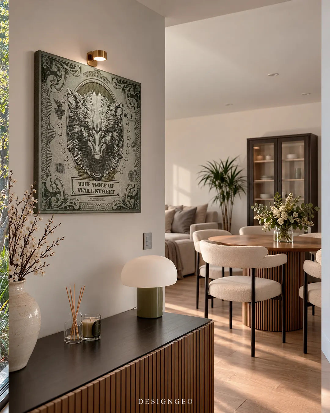 The Wolf of Wall Street dollar bill wolf portrait square canvas wall art mounted on wall in luxury living room above wooden credenza 0.75 inch thin wrap