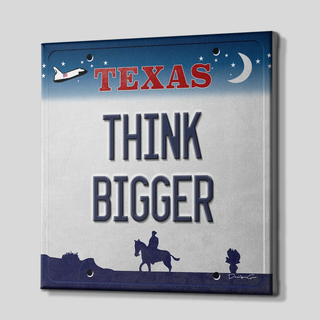 Three-quarter side angle of the Texas license plate motivational canvas wall art showing gallery-wrapped dark blue edges mounted on a solid wooden frame